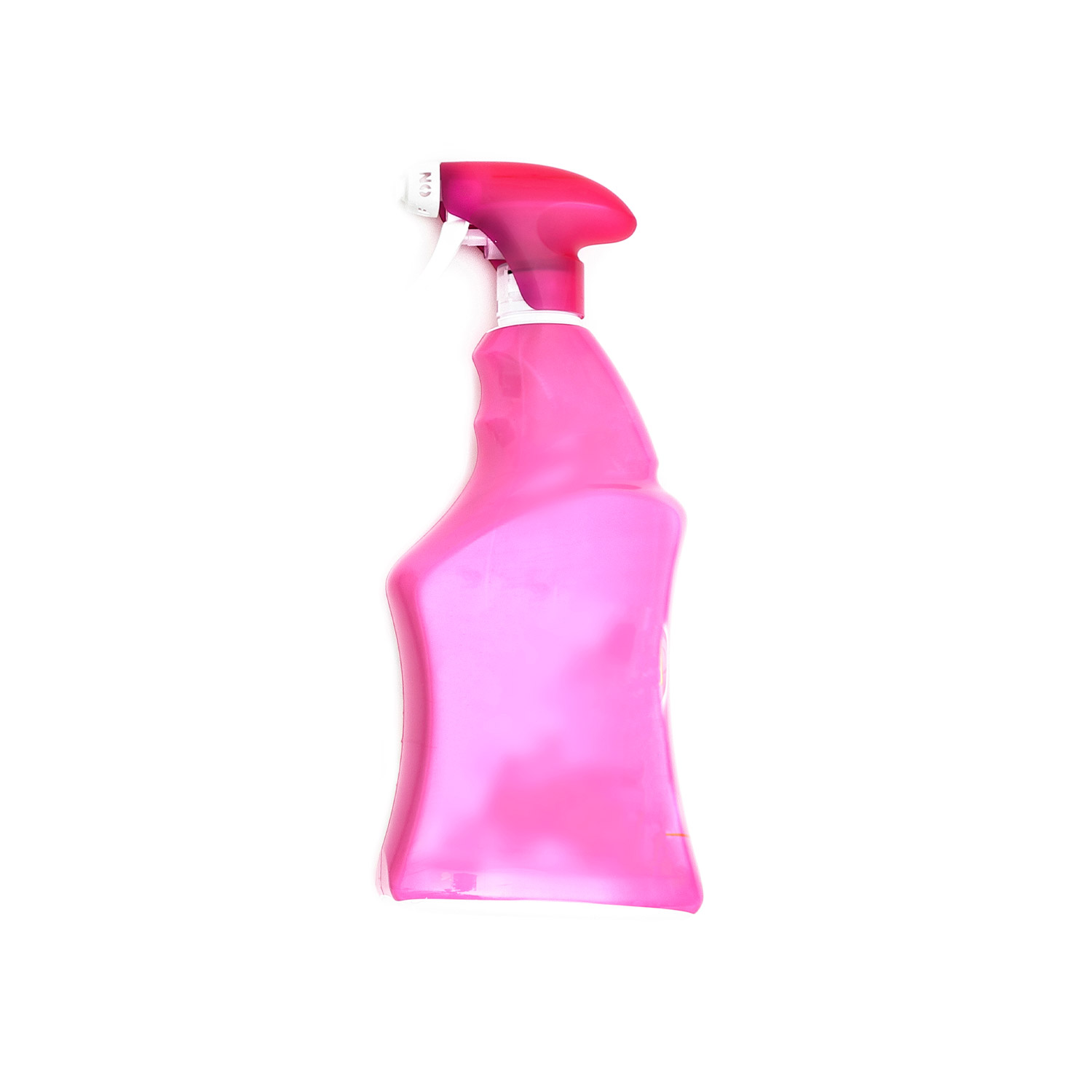 En sprayflaska med stor rosa etikett